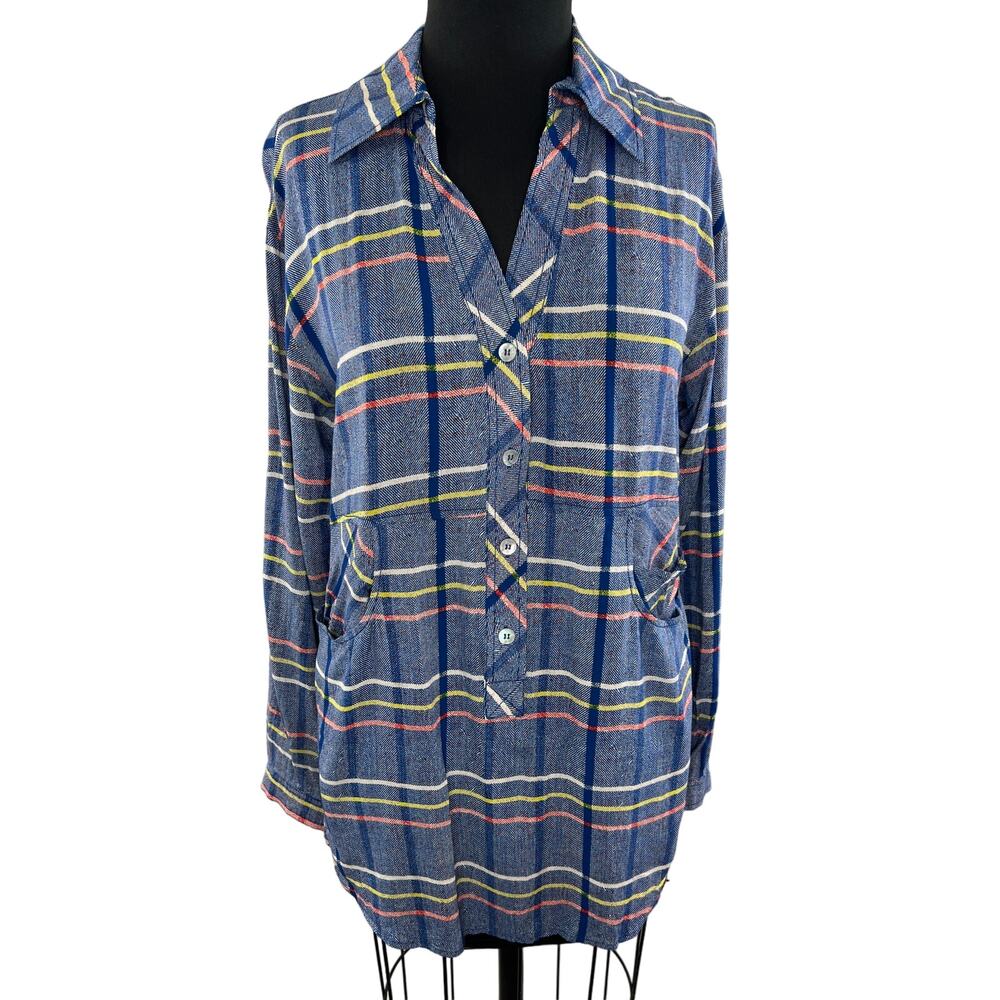 Plenty by Tracy Reese Blue Striped Roll-Tab Sleeve Tunic Top Pockets Sz Small S